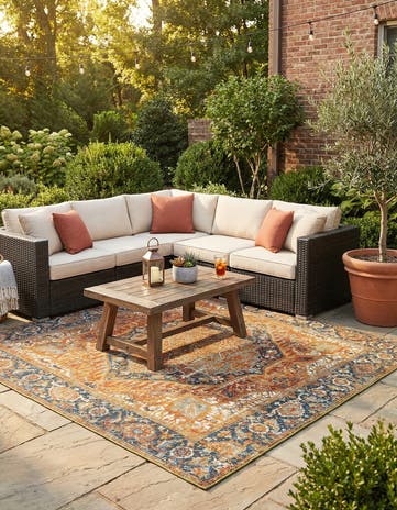 Rust Red Easy-Clean Traditional Indoor / Outdoor Square Rug