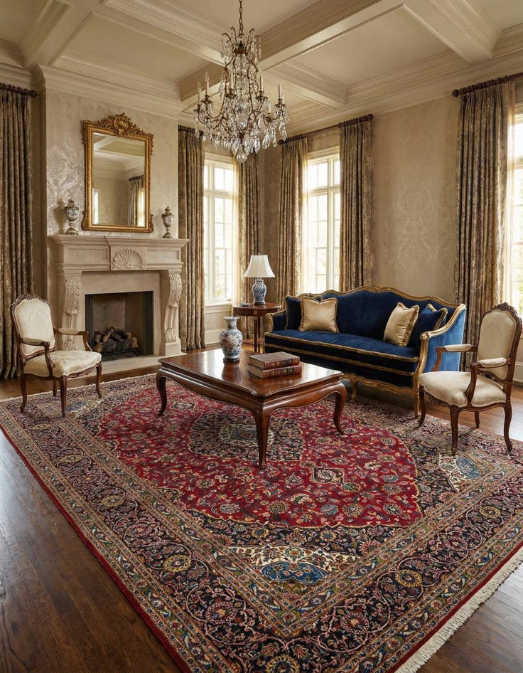 Detail image of  9' 8 x 13'  Hand Knotted Kashan Persian Wool Rug