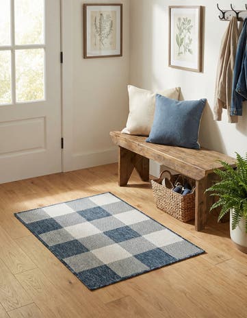 Blue Easy-Clean Checkered Indoor / Outdoor Rug
