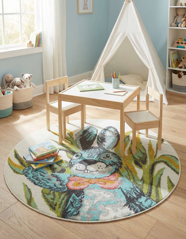 Detail image of 5' 1 x 5' 1 Rabbit Whimsy Kids Round Rug