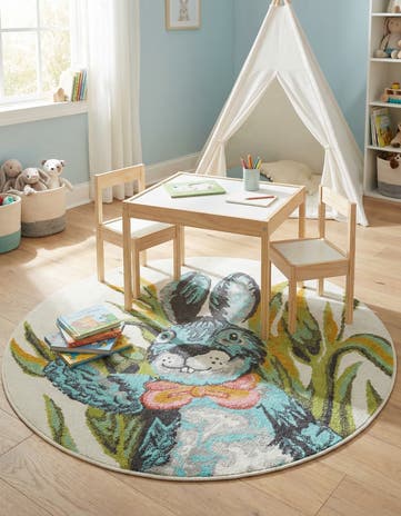 Ivory Rabbit Whimsy Kids Round Rug