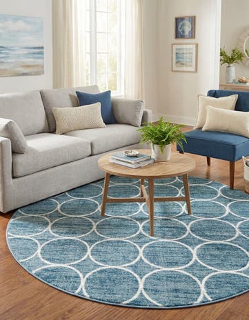 Blue Lattice Trellis Round Rug