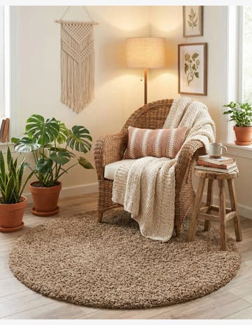 Sandy Brown Solid Shag Round Rug