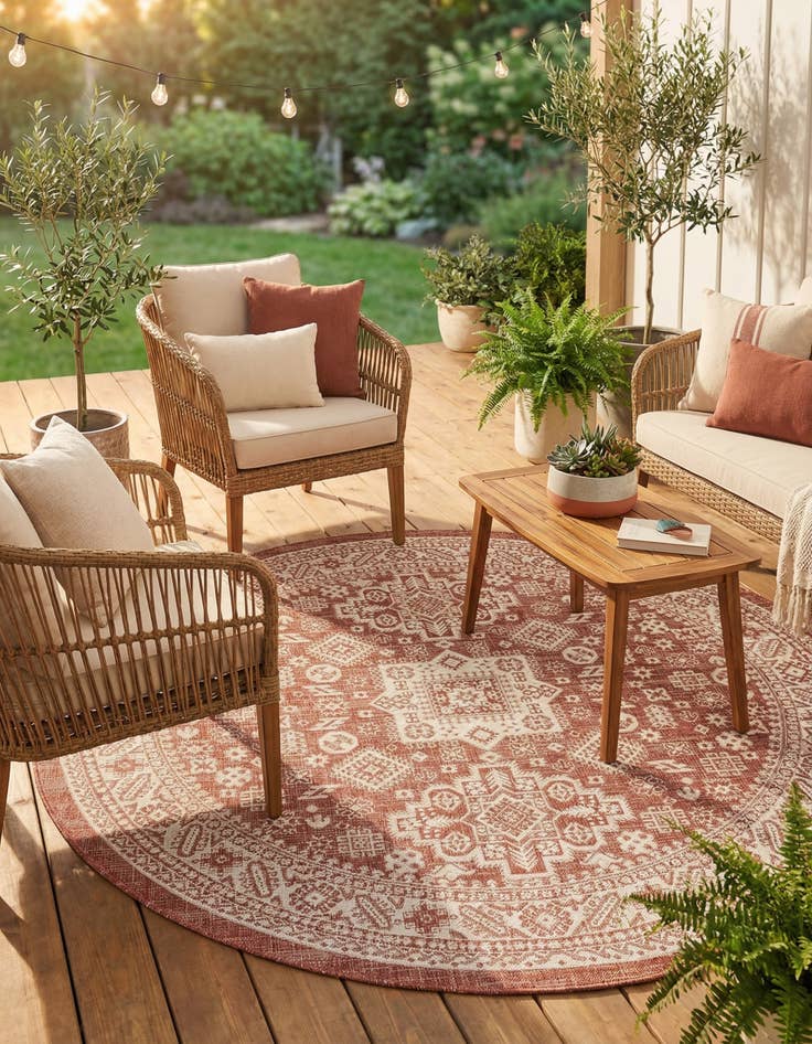 Detail image of 7' 10 x 7' 10  Washable Aztec Indoor / Outdoor Round Rug