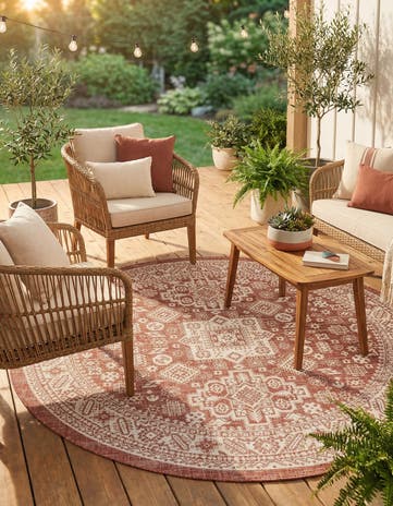 Rust Red Easy-Clean Aztec Indoor / Outdoor Round Rug