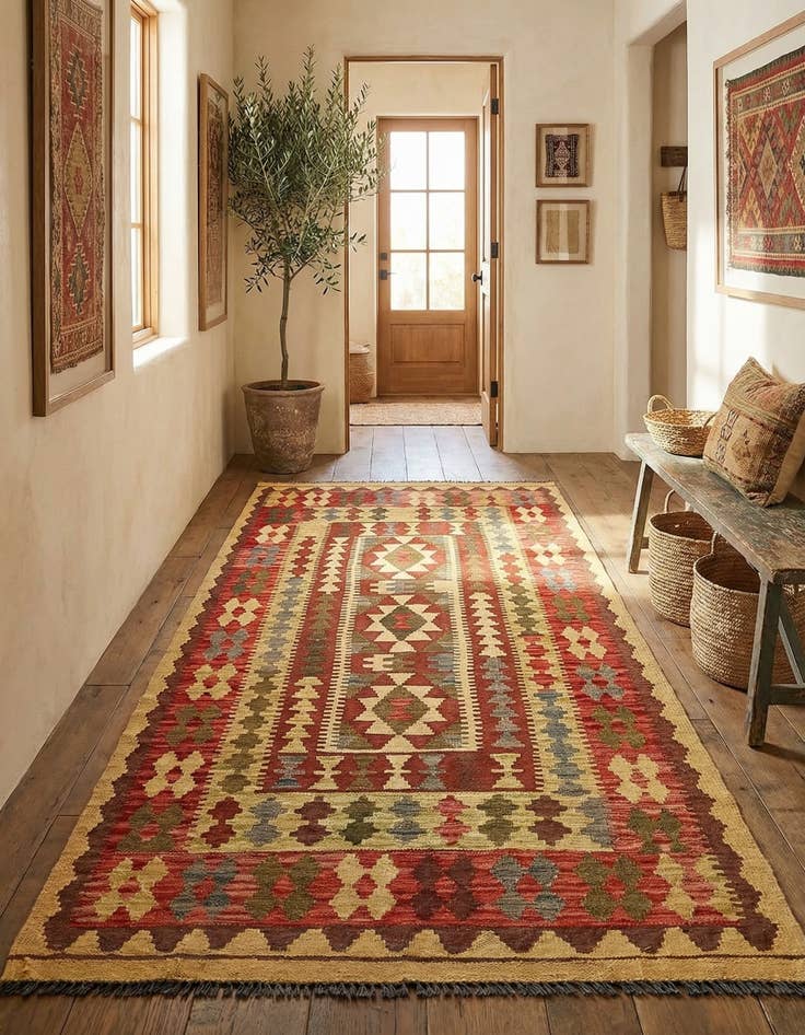 Detail image of 3' 2 x 6' 5  Hand Woven Kilim Maymana Wool Runner Rug