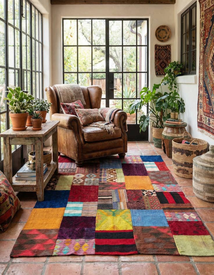 Detail image of 4' 2 x 5' 11  Hand Woven Kilim Patchwork Wool Rug