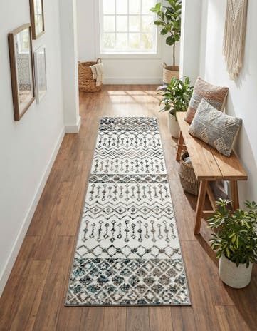 Ivory Gray Blue Moroccan Trellis Runner Rug