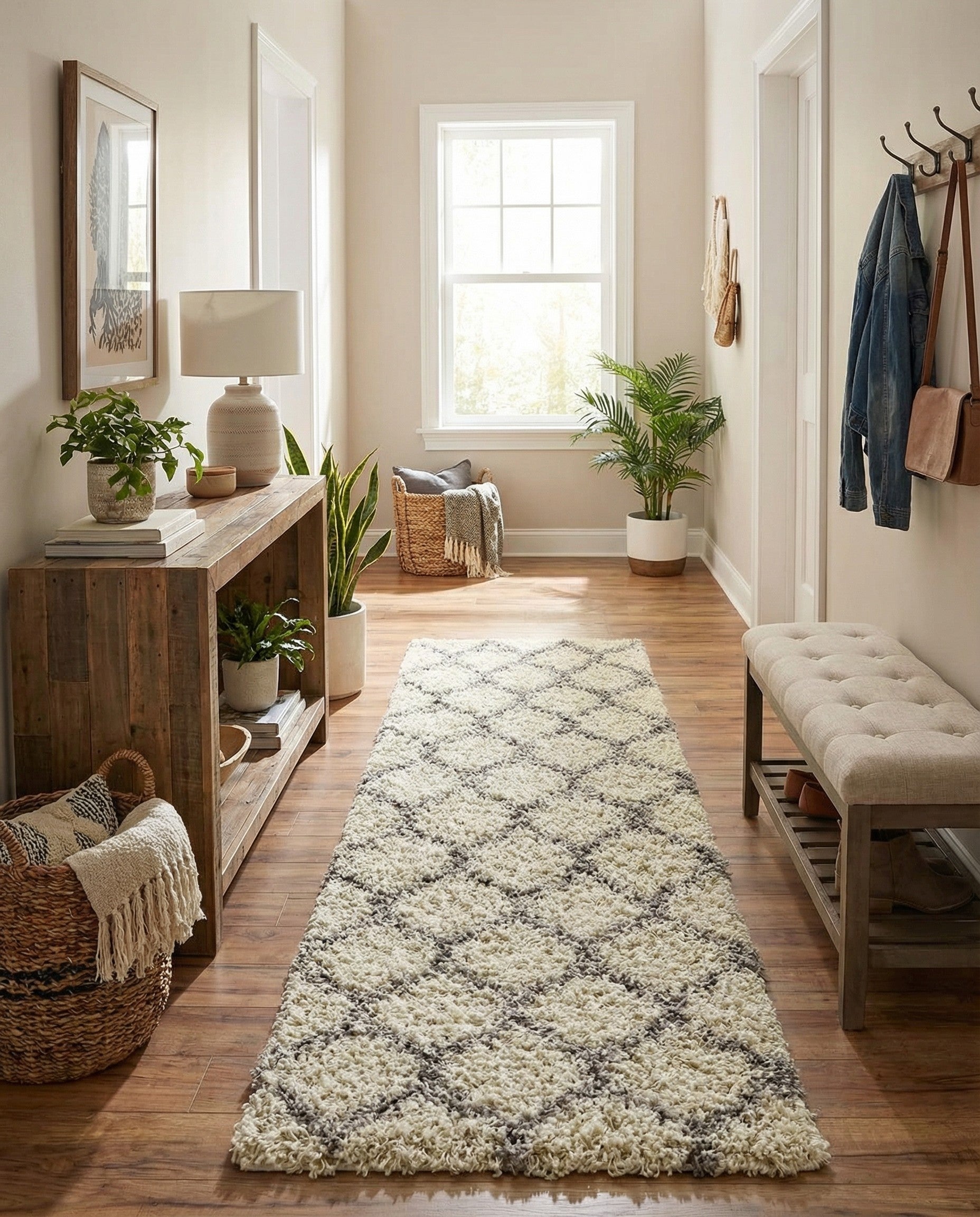 A 12 ft runner rug featuring an ivory shag pile with a modern gray lattice pattern, perfect for a hallway.