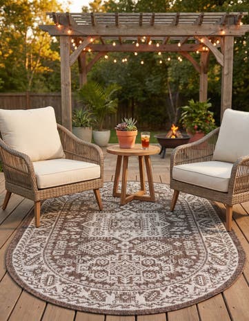 Brown Easy-Clean Aztec Indoor / Outdoor Oval Rug