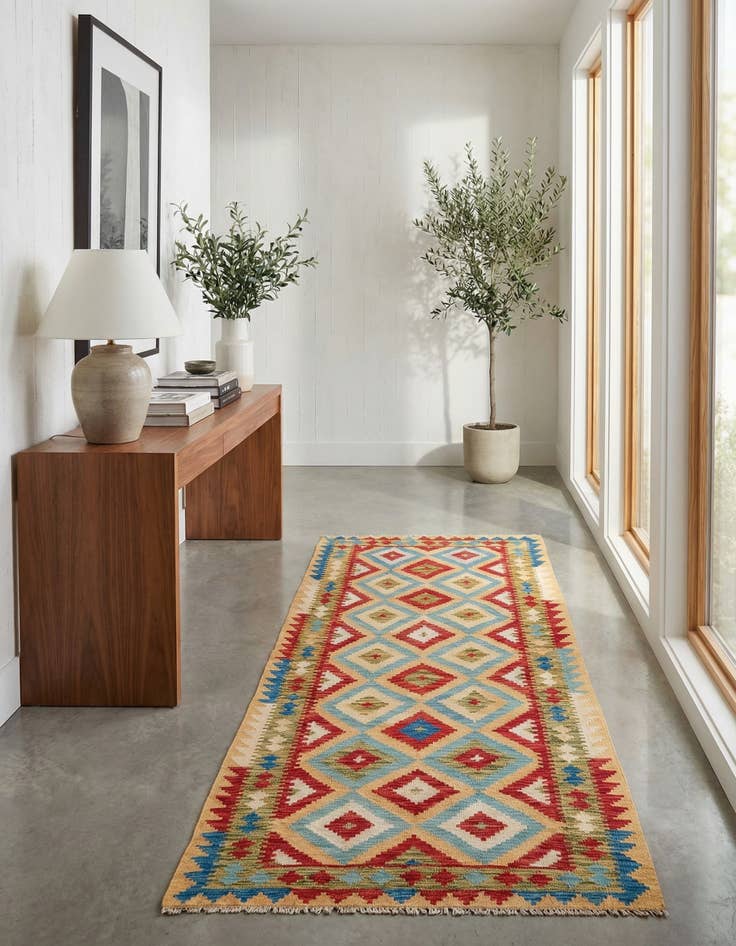 Detail image of 3' 2 x 6' 9  Hand Woven Kilim Maymana Wool Runner Rug
