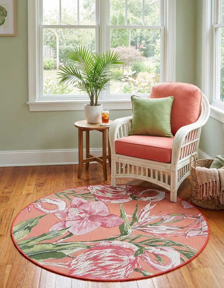 Detail image of  3' x 3'  Washable Botanical Indoor / Outdoor Round Rug