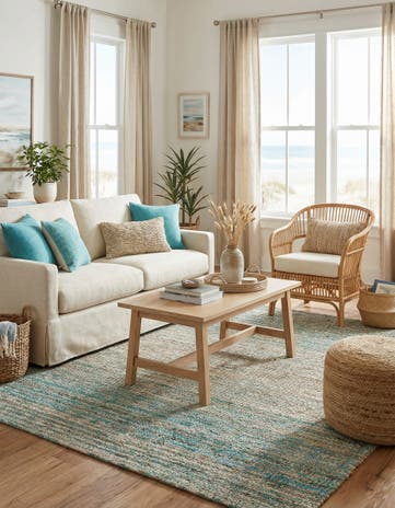 Ivory and Blue Hand Woven Chenille Jute Square Rug