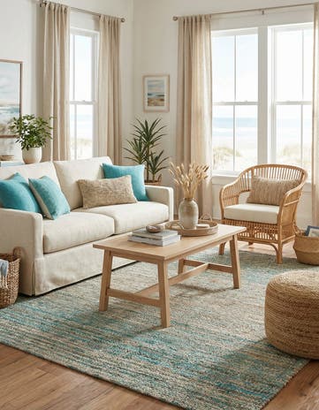 Ivory and Blue Hand Woven Chenille Jute Square Rug