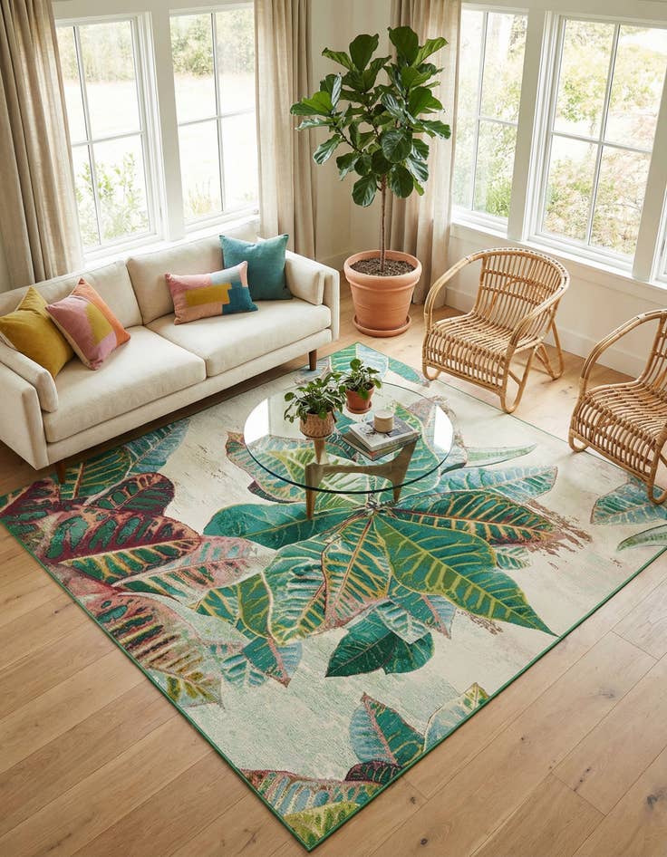 Detail image of 7' 10 x 7' 10  Washable Botanical Indoor / Outdoor Square Rug
