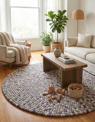 6' 1 x 6' 1 Hand Woven Felt Ball Wool Round Rug