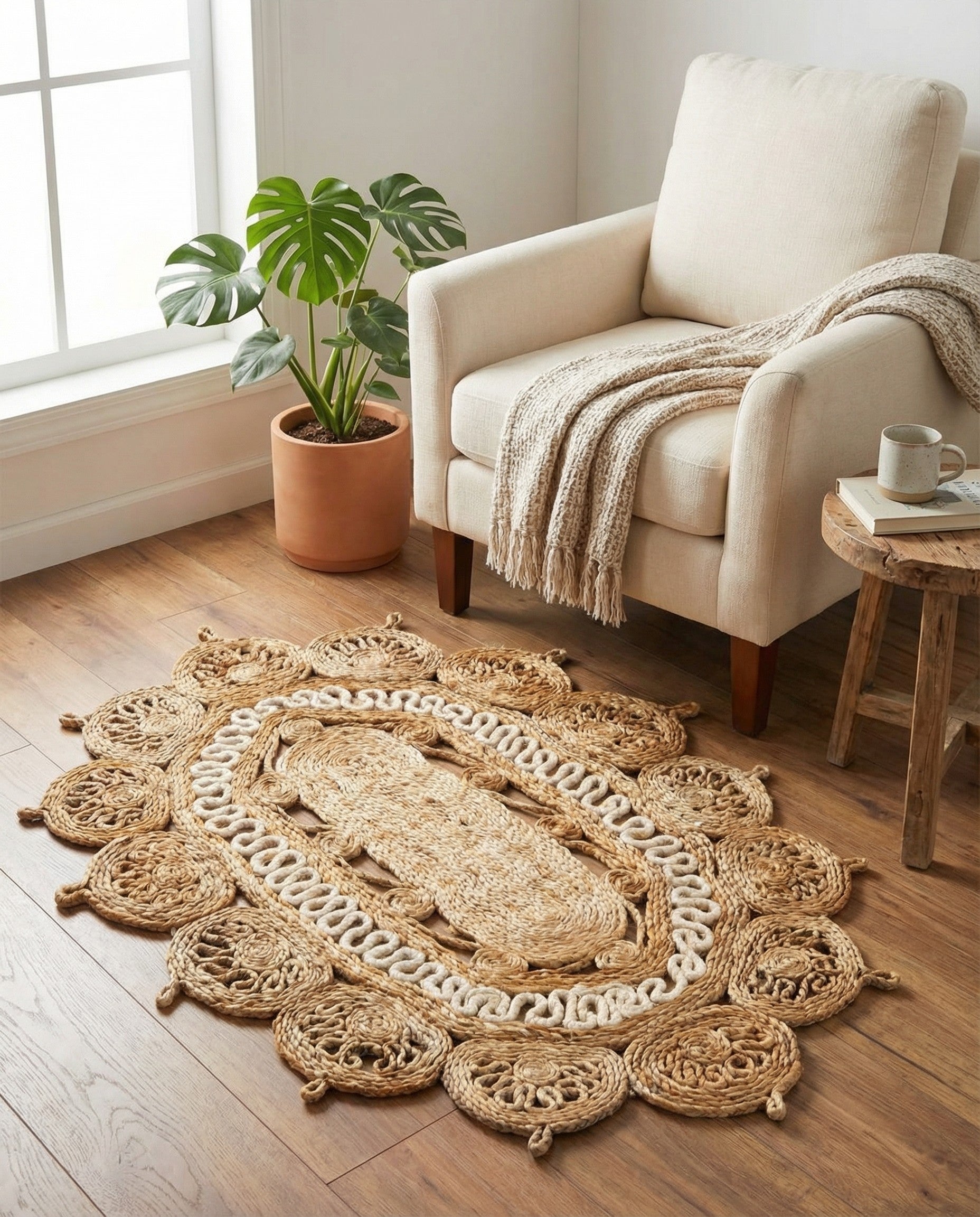 An oval natural jute rug with a central braided oval, surrounded by a cream wavy border and circular floral-like medallions.