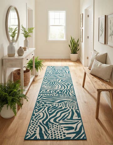 Navy Blue and Ivory Easy-Clean Safari Indoor / Outdoor Runner Rug