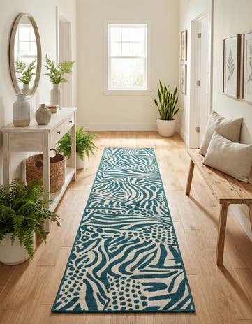Navy Blue and Ivory Easy-Clean Safari Indoor / Outdoor Runner Rug