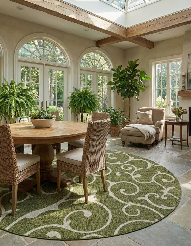 Detail image of  13' x 13'  Washable Botanical Indoor / Outdoor Round Rug