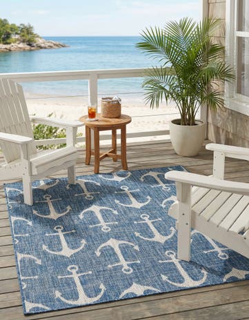 Blue Easy-Clean Coastal Indoor / Outdoor Square Rug