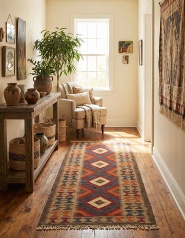 3' 4 x 6' 6 Hand Woven Kilim Maymana Wool Runner Rug