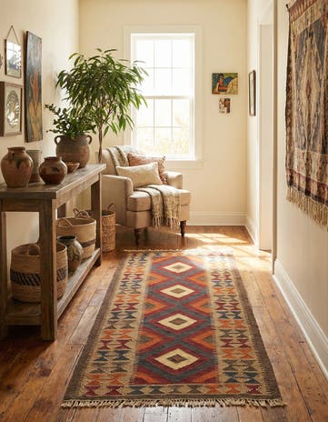3' 4 x 6' 6 Hand Woven Kilim Maymana Wool Runner Rug