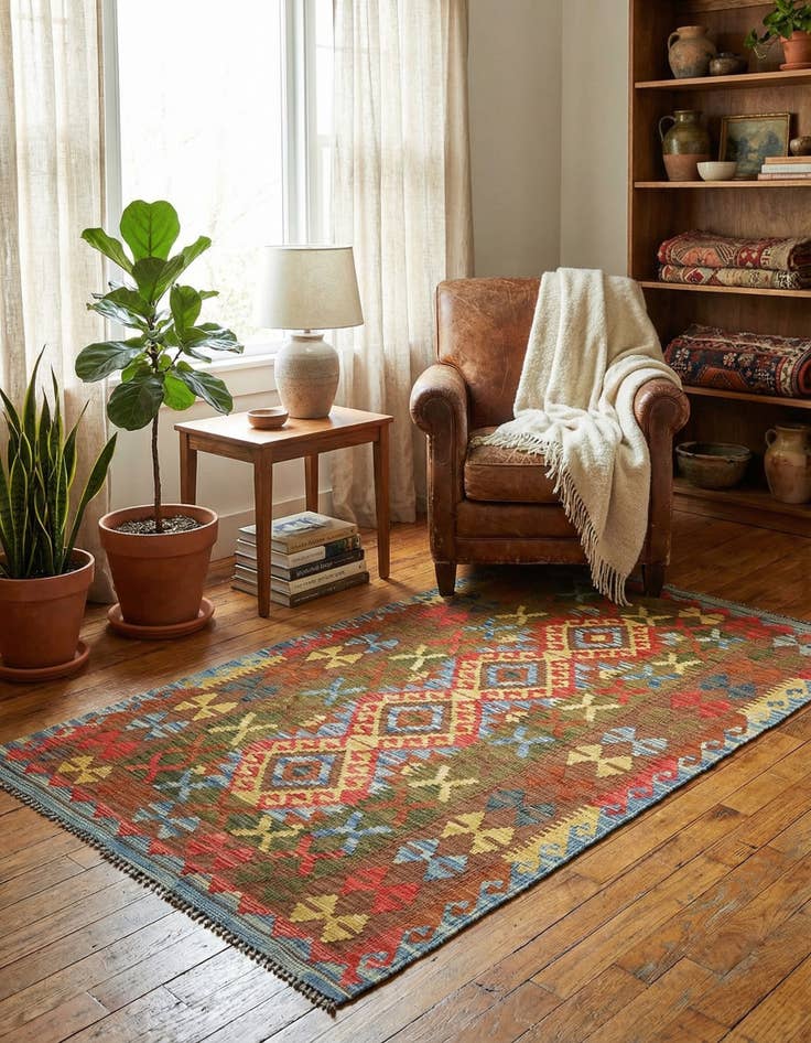 Detail image of 3' 2 x 6' 2  Hand Woven Kilim Maymana Wool Rug