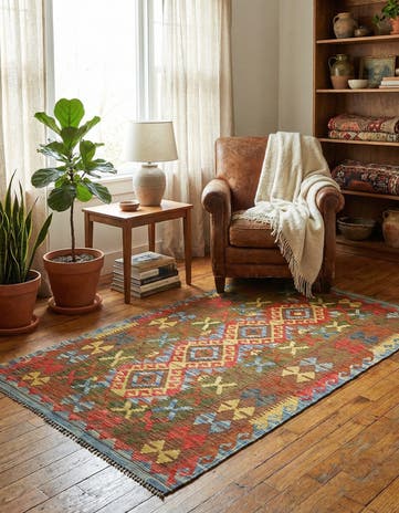 3' 2 x 6' 2 Hand Woven Kilim Maymana Wool Rug