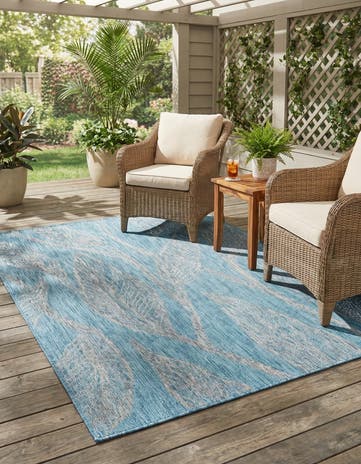 Light Aqua Easy-Clean Botanical Indoor / Outdoor Rug