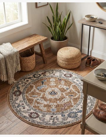 Almond Beige Eco Traditional Round Rug
