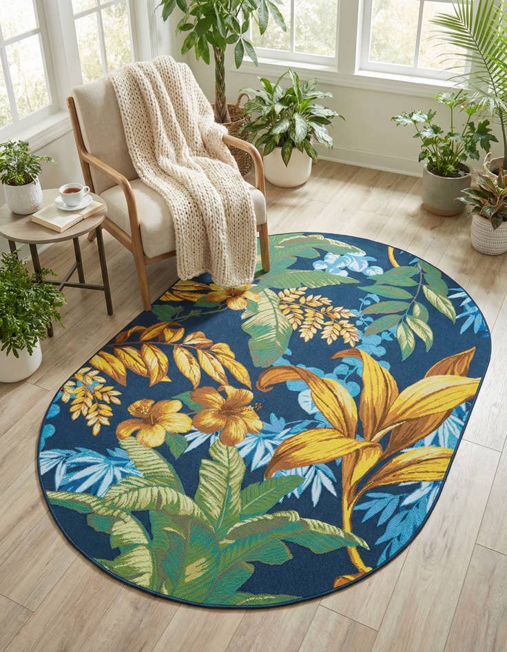 Detail image of 5' 3 x 8'  Washable Botanical Indoor / Outdoor Oval Rug