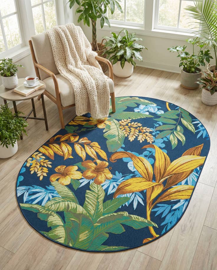 Detail image of 5' 3 x 8' Easy-Clean Botanical Indoor / Outdoor Oval Rug