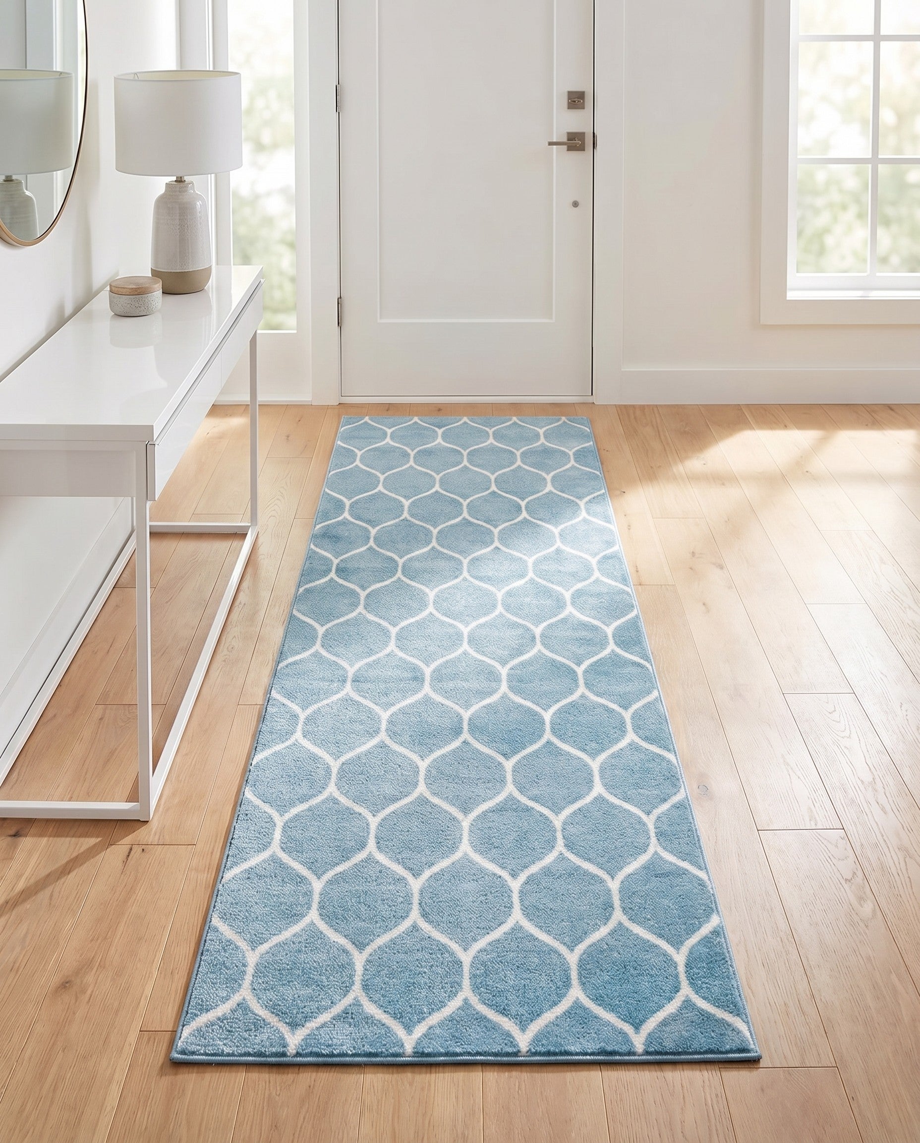 Light Blue Trellis Frieze Runner Rug