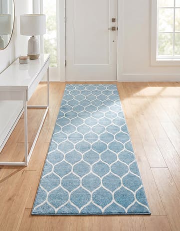 Light Blue Trellis Frieze Runner Rug
