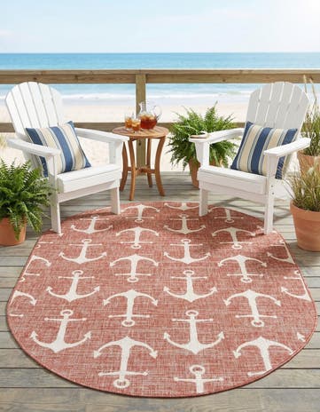 Rust Red Easy-Clean Coastal Indoor / Outdoor Oval Rug