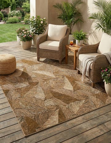 Brown and Beige Easy-Clean Botanical Indoor / Outdoor Square Rug