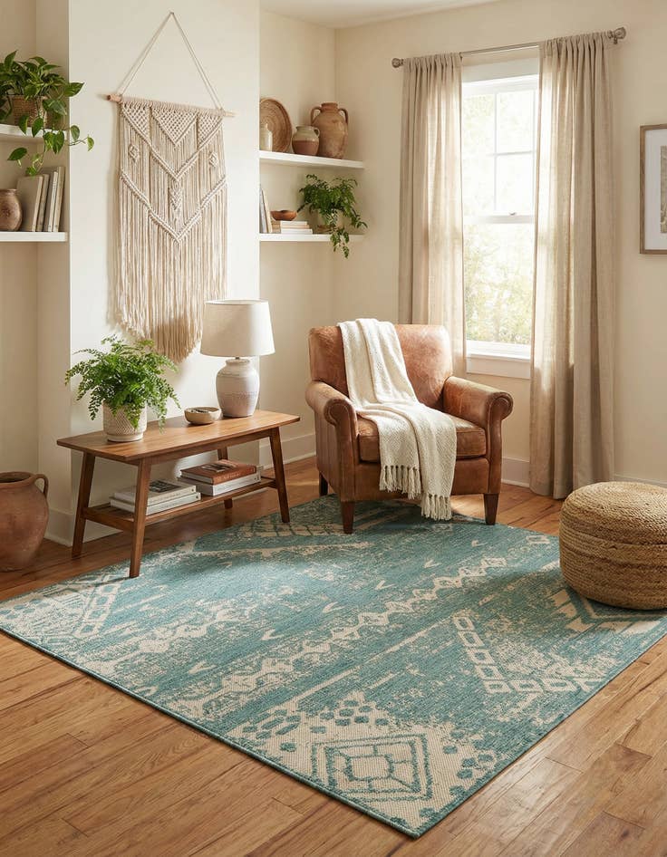 Detail image of 5' 3 x 5' 3  Washable Bohemian Indoor / Outdoor Square Rug