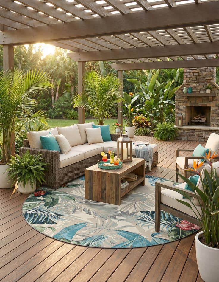 Detail image of 10' x 10'  Washable Botanical Indoor / Outdoor Round Rug