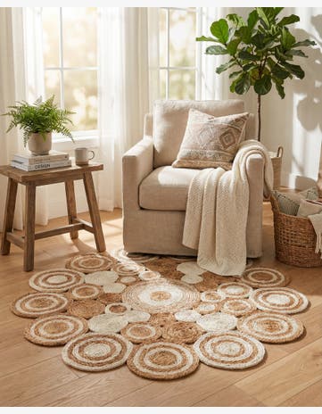 Natural and White Handmade Braided Jute Round Rug