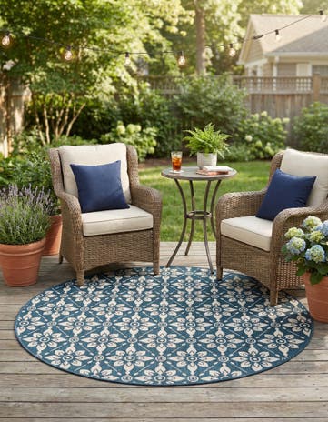 Navy Blue Easy-Clean Lattice Indoor / Outdoor Round Rug