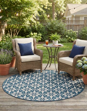 Navy Blue Easy-Clean Lattice Indoor / Outdoor Round Rug