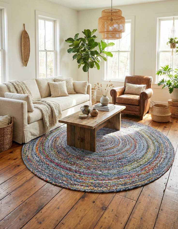 Detail image of  8' x 8'  Hand Braided Chindi Round Rug