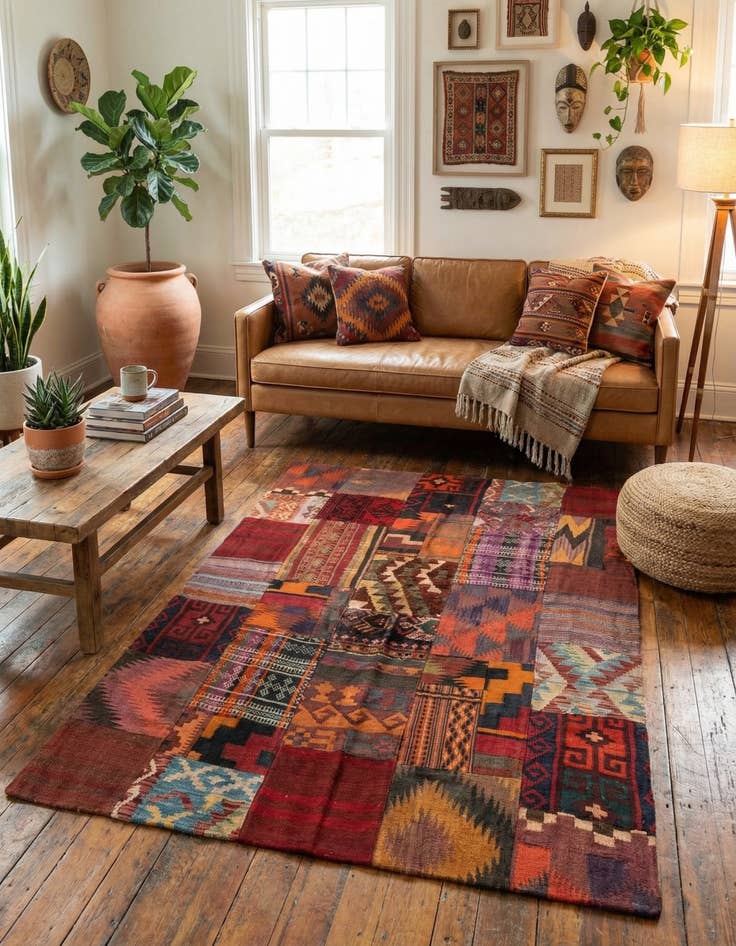 Detail image of 4' x 5' 10  Hand Woven Kilim Patchwork Wool Rug