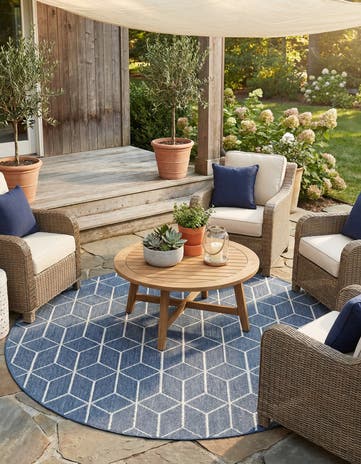 Navy Blue Easy-Clean Lattice Indoor / Outdoor Round Rug