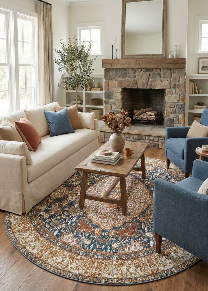 7' 10 x 7' 10 Easy-Clean Traditional Indoor / Outdoor Round Rug