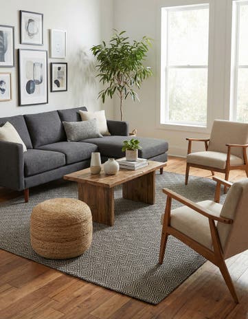 Black Hand Woven Geo Trellis Flatweave Square Rug