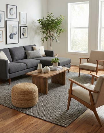 Black Hand Woven Geo Trellis Flatweave Square Rug