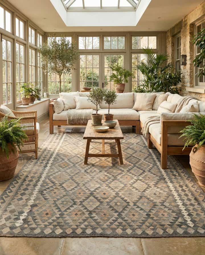 7' 1 x 9' 8 Hand Woven Kilim Maymana Wool Rug