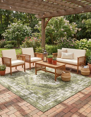 Green Easy-Clean Traditional Indoor / Outdoor Square Rug